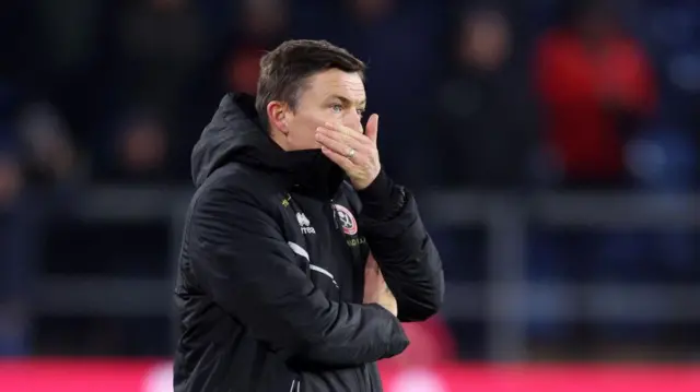 Paul Heckingbottom, Manager of Sheffield United, reacts during the Premier League match between Burnley FC and Sheffield United at Turf Moor