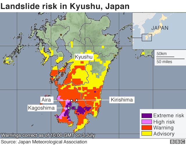 Map showing landslide risk in Kyushu, Japan, after heavy rainfall