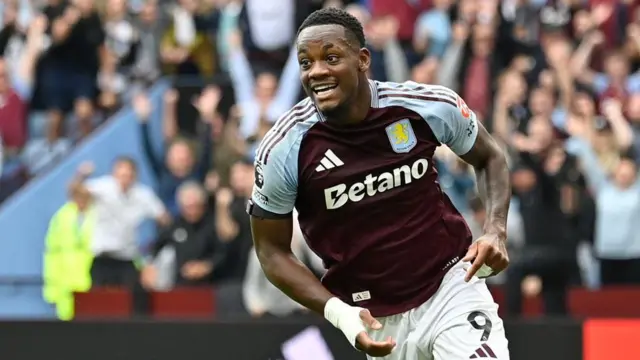 Jhon Duran celebrates after scoring his team's third goal during the English Premier League football match between Aston Villa and Wolverhampton Wanderers at Villa Park