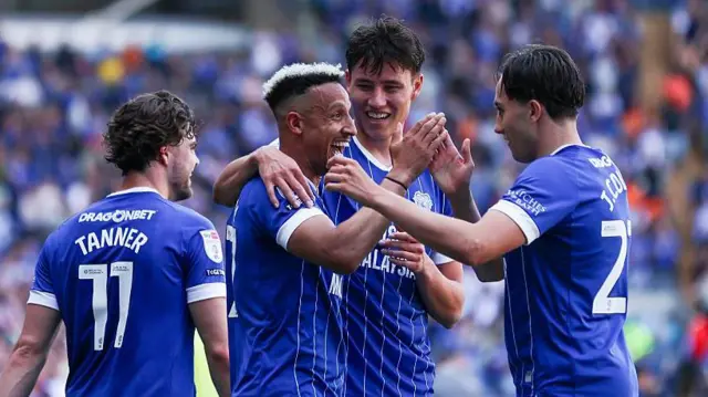 Cardiff City players celebrate during last month's win over Northampton 