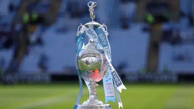 A photo of the Championship trophy with blue ribbons before it was presented to Coventry City in May
