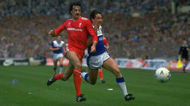 Gary Lineker of Everton takes on Mark Lawrenson of Liverpool during the FA Cup Final at Wembley Stadium in London. Liverpool won the match 3-1.