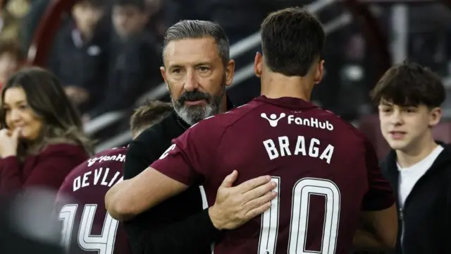 Hearts head coach Derek McInnes with Claudio Braga