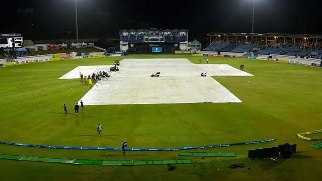 Covers on the field due to rain during the Men's 2025 Republic Bank Caribbean Premier League match 12 between Saint Lucia Kings and Barbados Royals at Daren Sammy National Cricket Stadium