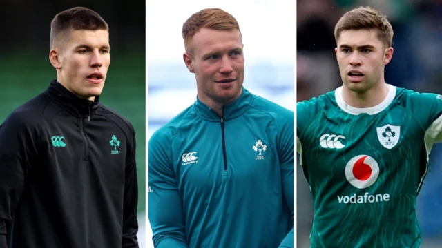 Sam Prendergast, Ciaran Frawley and Jack Crowley