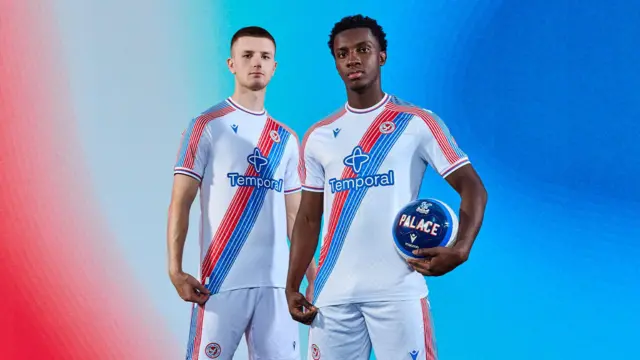 Crystal Palace players Adam Wharton and Eddie Nketiah wearing the new 2026-27 home kit 