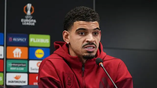 Morgan Gibbs-White speaks during a press conference