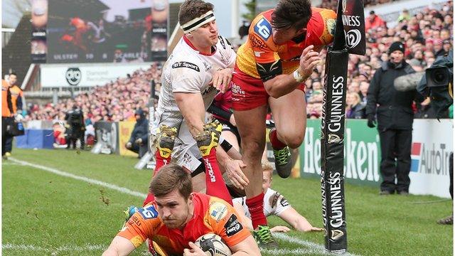Scarlets' Michael Collins scores his second try against Ulster