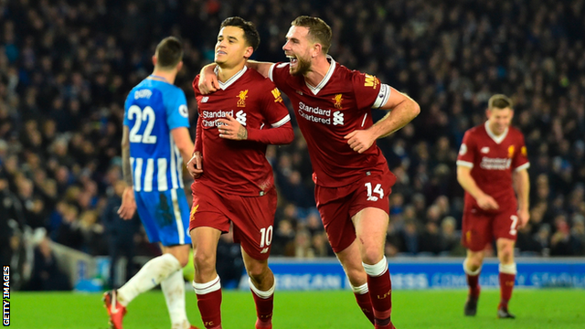 Philippe Coutinho celebrates his goal against Brighton