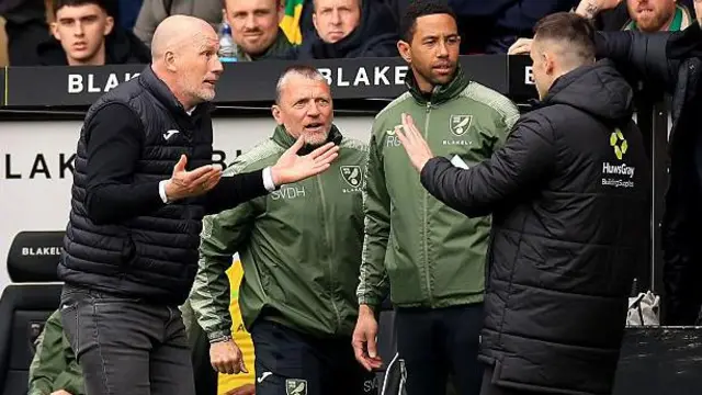 Norwich boss Philippe Clement remonstrating with the fourth official during their game with Ipswich