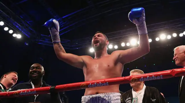 Tony Bellew celebrates winning world title at Goodison Park in 2016