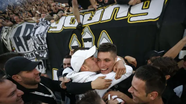 Nikola Milenkovic celebrates after scoring the winner for Partizan Belgrade in the 2017 Serbian Cup final