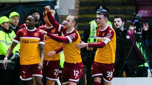 Motherwell’s Tawanda Maswanhise celebrates after scoring to make it 2-0 during a William Hill Premiership match between Motherwell and Rangers at Fir Park