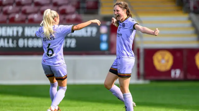 Partick Thistle players Claire Adams and Emma Lawton celebrate