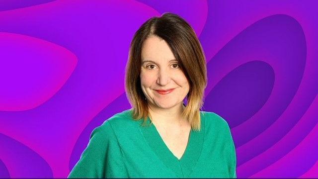 Image of Sarah Walker in front of a purple BBC branded background