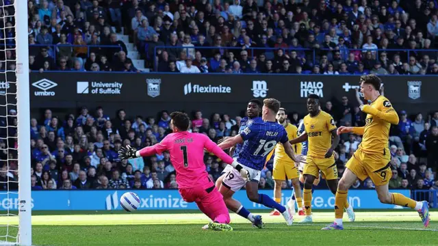 Liam Delap of Ipswich Town scores