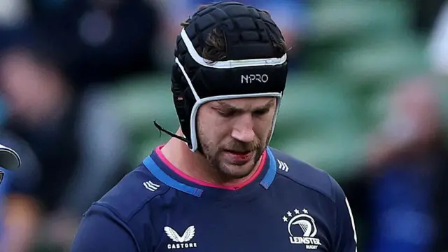 Caelan Doris walks off the field after suffering a shoulder injury in Leinster's Investec Cup semi-final defeat by Northampton on Saturday