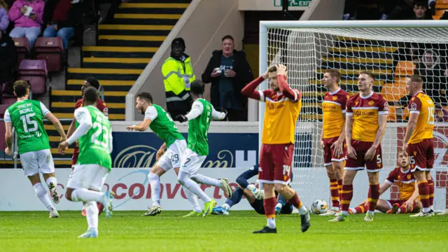 Motherwell players look dejected as Hibs score