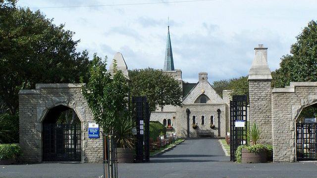 The entrance to Whitley Bay cemetery with the chapel in the distance