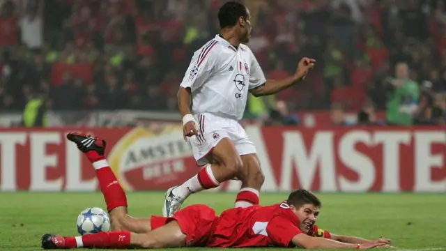 Liverpool captain Steven Gerrard is tackled inside the box and receives a penalty during the European Champions League final
