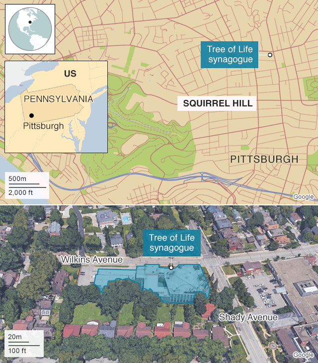 Map shows location of Tree of Life synagogue, Pittsburgh