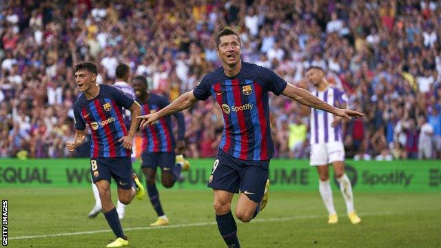 Lewandowski celebrates scoring for Barcelona