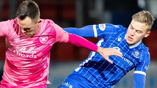 Hearts' Lawrence Shankland and St Johnstone's Sven Sprangler