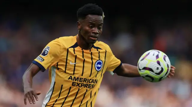 Simon Adingra of Brighton & Hove Albion in action during the Premier League match between Everton FC and Brighton & Hove Albion FC at Goodison Park