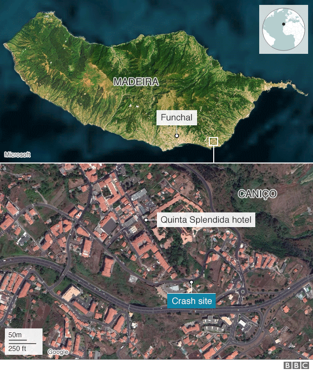 Map of Madeira showing the crash site