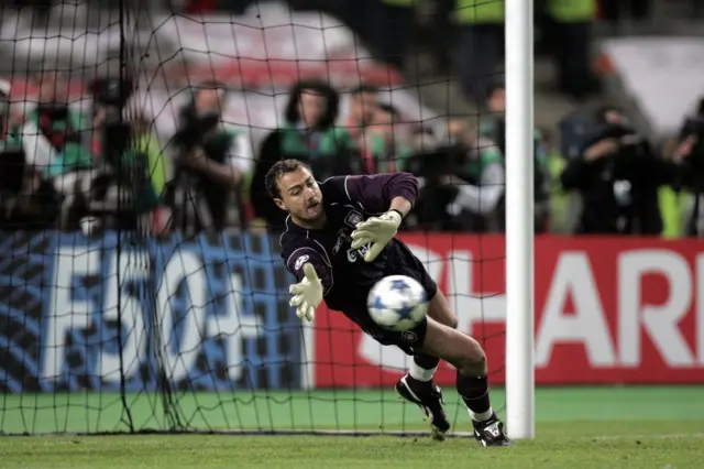 Jerzy Dudek of Liverpool saving the penalty of Andrea Pirlo during the Champions League Final match between AC Milan and Liverpool