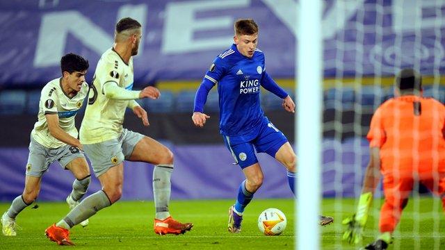 Leicester City's Harvey Barnes in action against AEK Athens in the Europa League