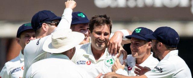 Tim Murtagh celebrates his 5-13 haul against England on a day when 20 wickets fell at Lord's