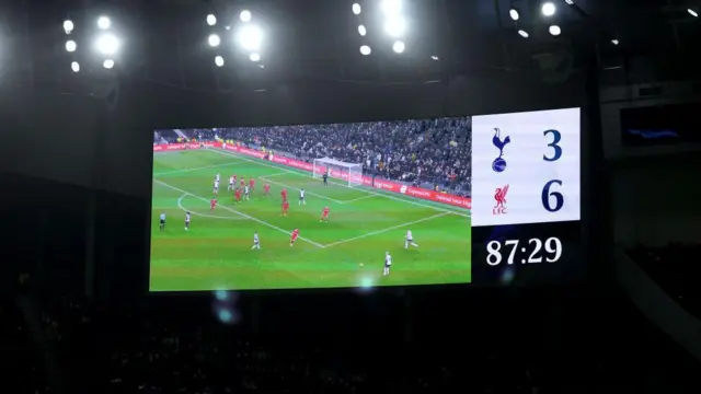 A general view as the scoreboard reads Tottenham 6-3 Liverpool during the Premier League match between Tottenham Hotspur FC and Liverpool FC at Tottenham Hotspur Stadium on December 22, 2024