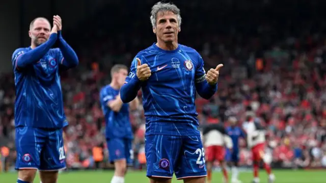 Gianfranco Zola puts his thumbs up to the crowd after a Chelsea Legends game