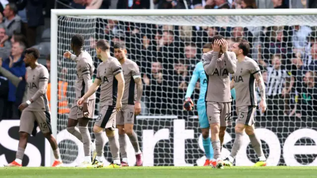 Tottenham players reaction to Newcastle's fourth goal in their 4-0 loss in April 2023.