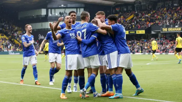 Leicester celebrate Harvey Barnes scoring