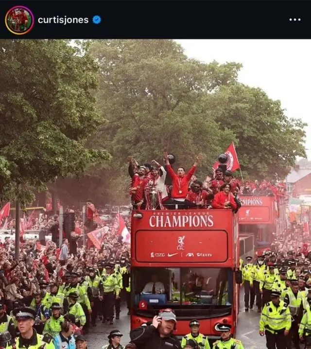 Instagram post from Curtis Jones at the Liverpool FC title parade