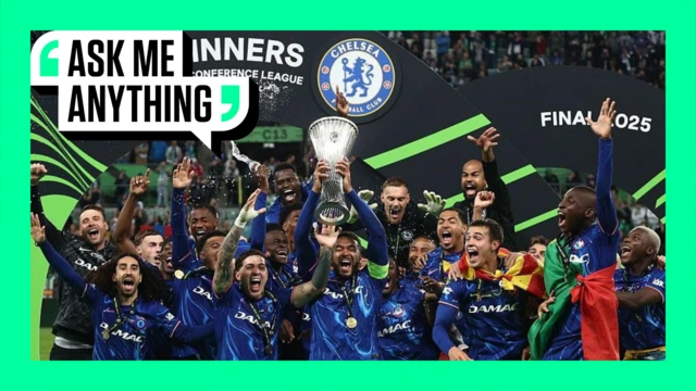 Chelsea players lift the Conference League trophy