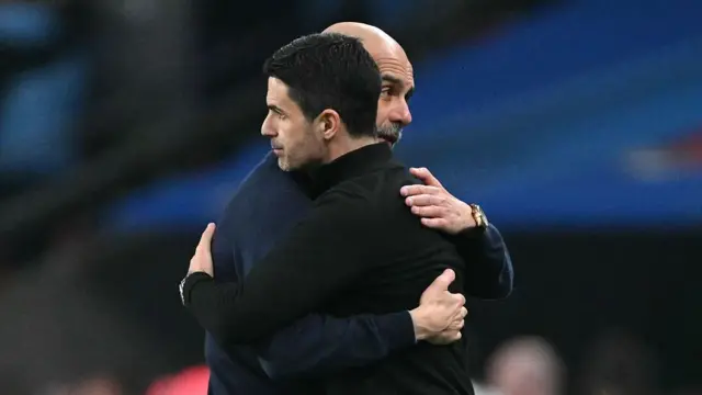 Man City boss Pep Guardiola and Arsenal counterpart Mikel Arteta embracing at full-time