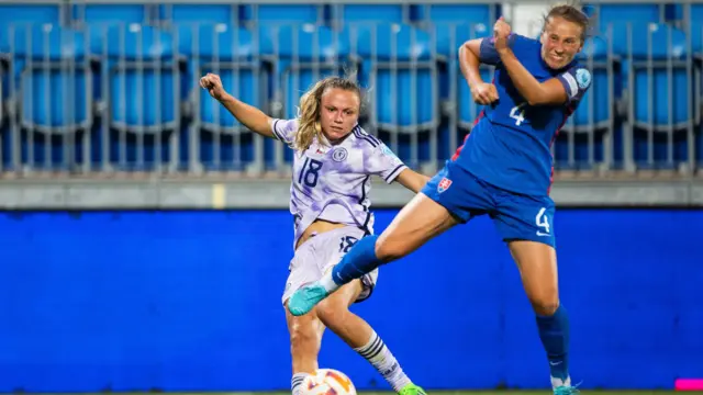 Claire Emslie (left) was always a threat to Slovakia on top of her two goals