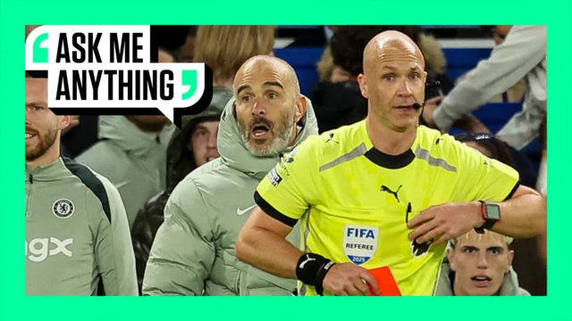 'Ask Me Anything' graphic including image of referee Anthony Taylor showing Chelsea head coach Enzo Maresca a red card 