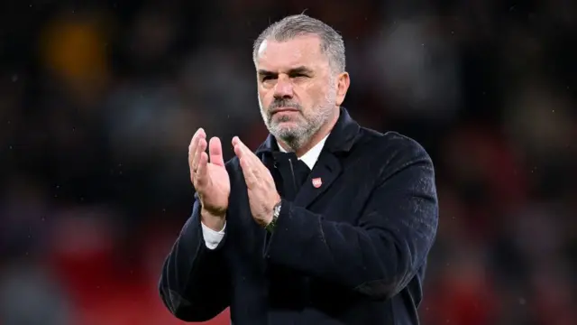 Ange Postecoglou, Manager of Tottenham Hotspur, acknowlegdes the fans after the Premier League match between Manchester United FC and Tottenham Hotspur FC at Old Trafford