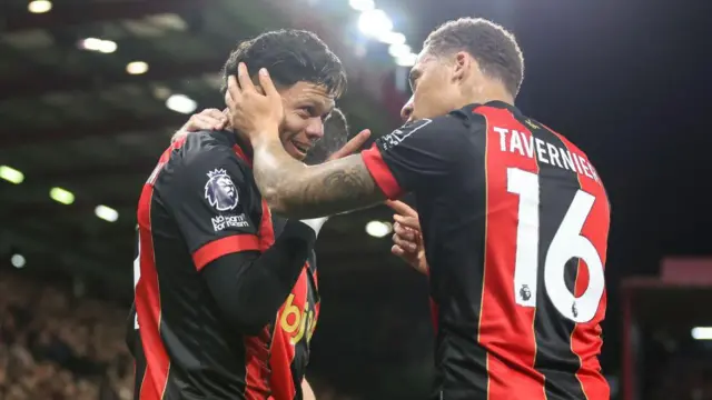 Evanilson of Bournemouth celebrates scoring with team-mate Marcus Tavernier