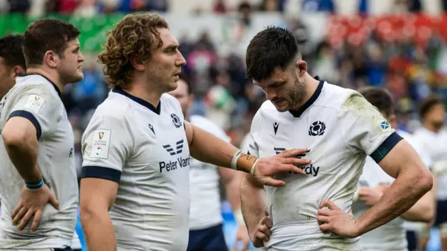 Scotland's Jamie Ritchie and Blair Kinghorn look dejected at full time during a Guinness Six Nations match between Italy and Scotland