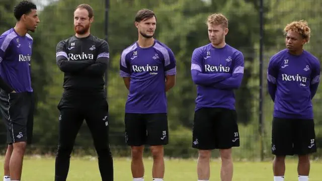 Azeem Abdulai, assistant head coach Ryan Harley, Liam Cullen, Oliver Cooper and Jordi Govea during Swansea City training