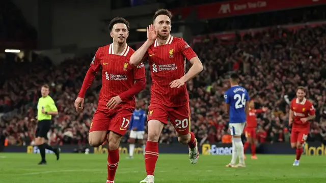 Diogo Jota celebrates scoring Liverpool's winner against Everton at Anfield in April