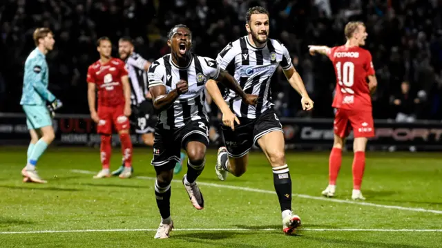 St Mirren's Toyosi Olusanya celebrates scoring to make it 1-1 during a UEFA Europa Conference League qualifier between St Mirren and SK Brann