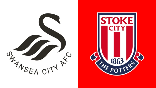 The Swansea City and Stoke City badges side by side. The Swansea one shows an image of a swan outlined in black on a white background. Stoke's has red and white vertical stripes on a red background
