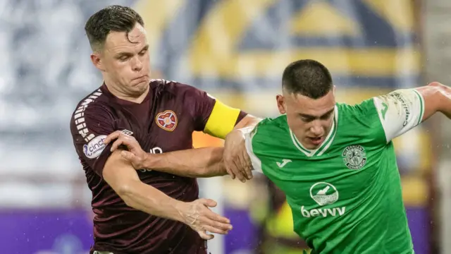 Hearts' Lawrence Shankland and Hibernian's Lewis Miller 