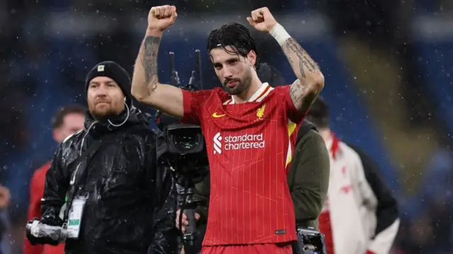 Dominik Szobozslai celebrates at the end of Liverpool's win at Manchester City